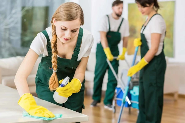 A group of people performing cleaning in an office